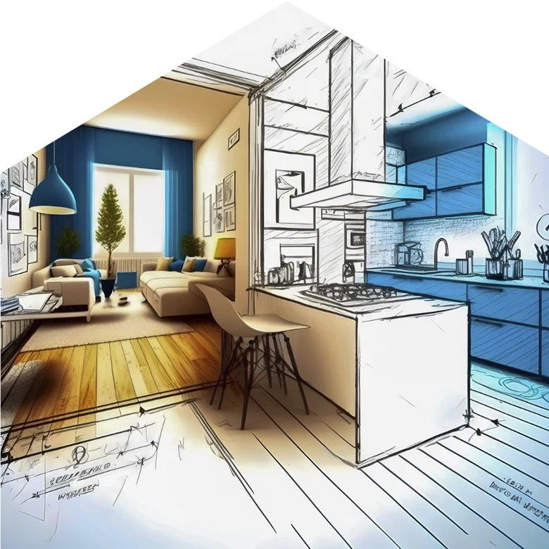 boceto de salón cocina con resultado final de reforma